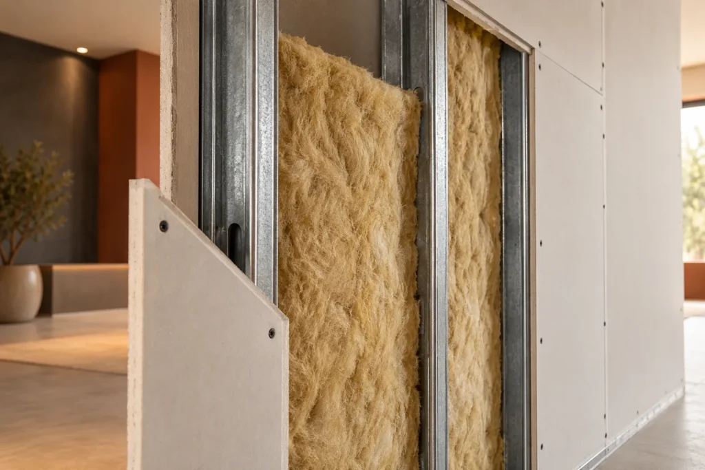 Representação ilustrativa de materiais de isolamento no interior de uma parede de drywall