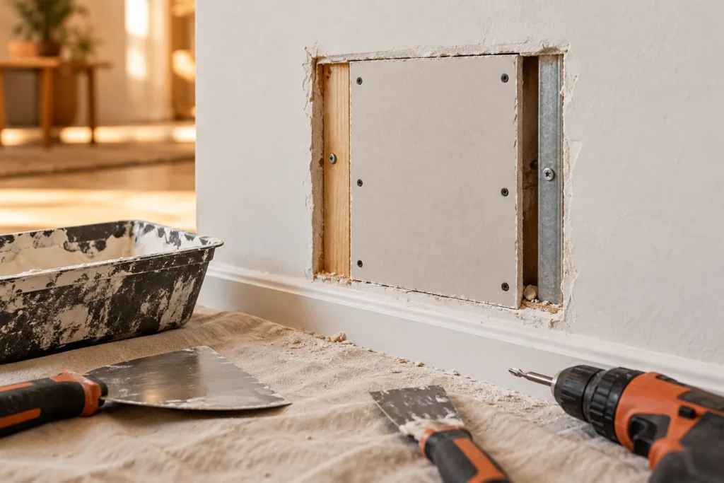 Representação ilustrativa de reparo localizado em parede de drywall