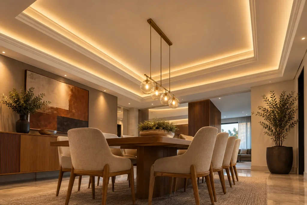 Sala de jantar ilustrativa com sanca e moldura iluminadas